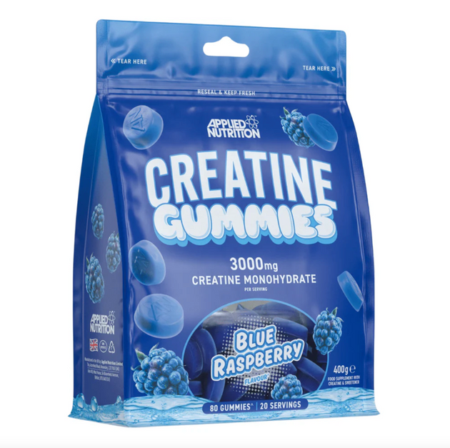 Creatine Monohydrate gummies by Applied Nutrition Blue Raspberry flavour, 80 Gummies per bag, 3000mg of Creatine per serving