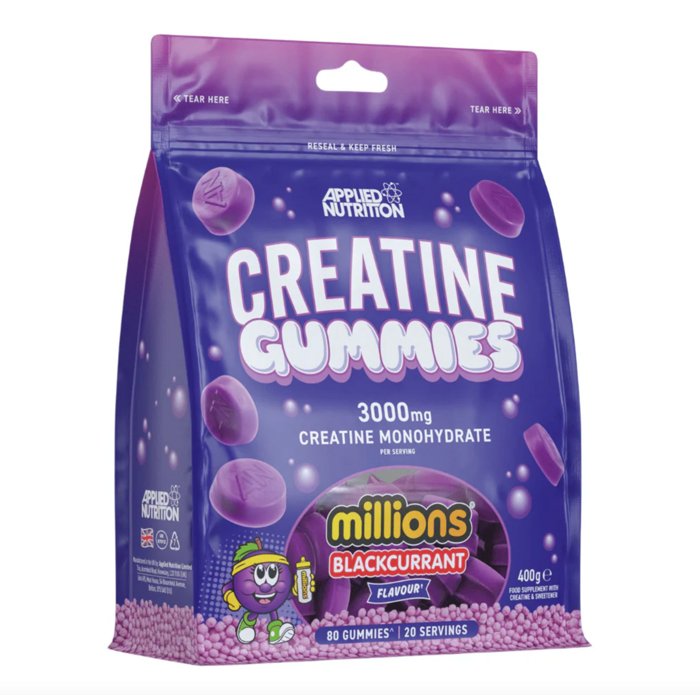 Creatine Monohydrate gummies by Applied Nutrition millions blackcurrent flavour, 80 Gummies per bag, 3000mg of Creatine per serving